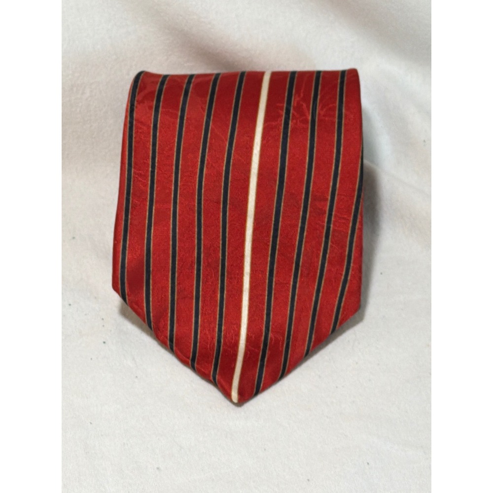 Evan-Picone Mens Silk Tie Red Navy Blue White Striped Floral Damask Made in USA